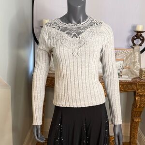 SHEIN Cream Long Sleeve Ribbed Embellished Blouse